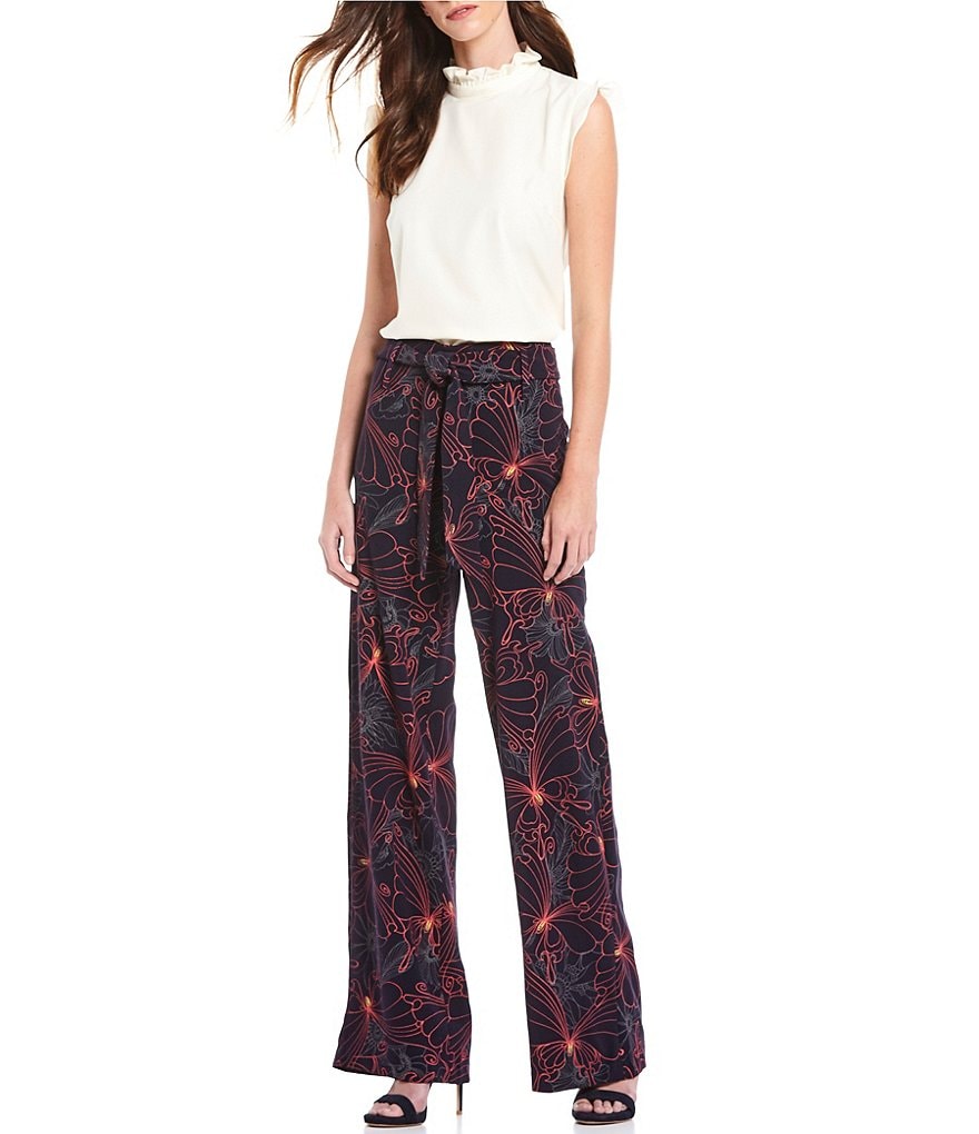 Julie Brown Juliana Stand Ruffle Mock Neck Flutter Shoulder Crepe Blouse