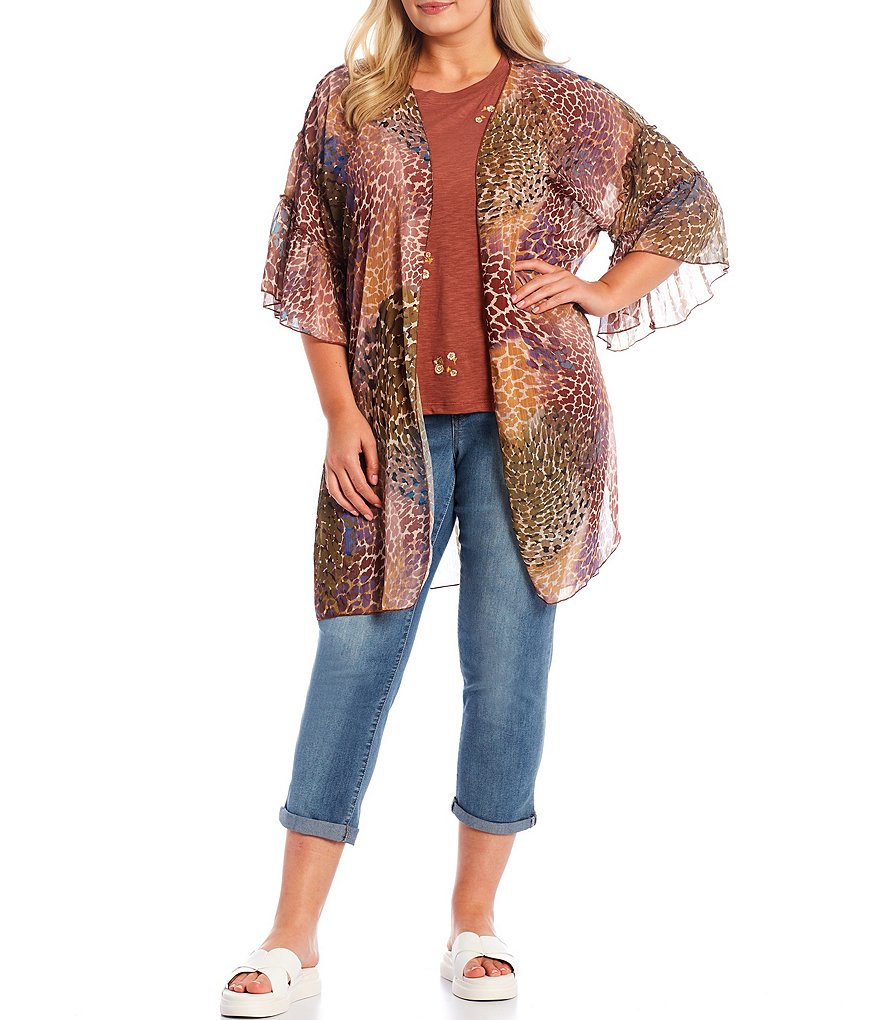 Democracy Plus Size Giraffe Patchwork Print 3/4 Ruffle Sleeve Open-Front Kimono