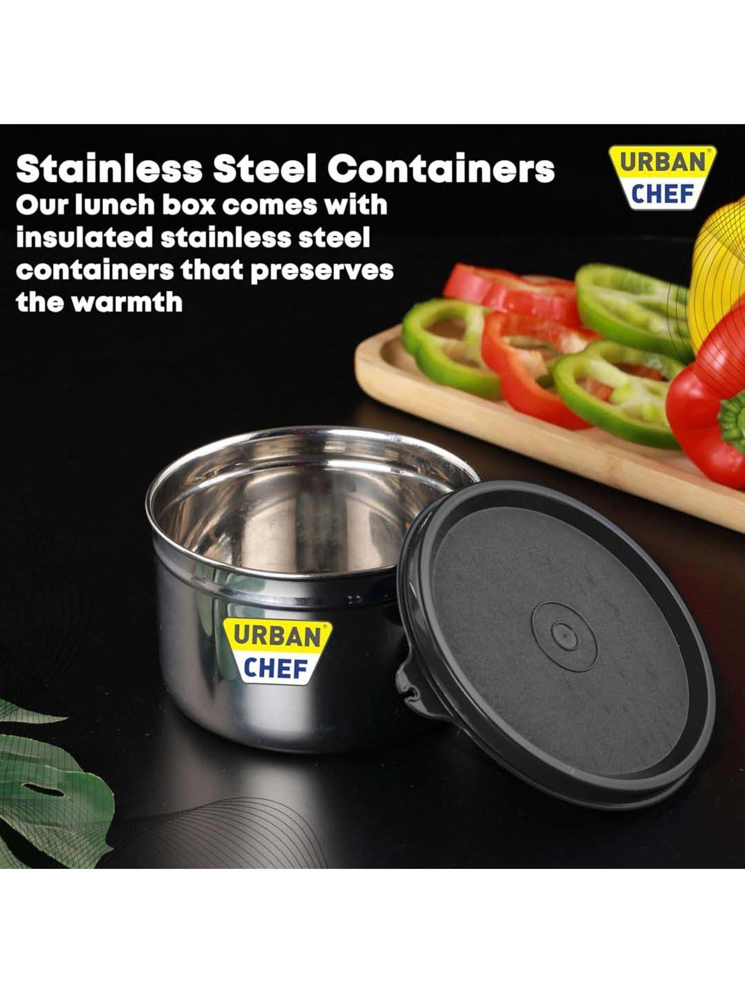 Urban Chef Black Stainless Steel Essential Lunch Box Containers - Set of 2