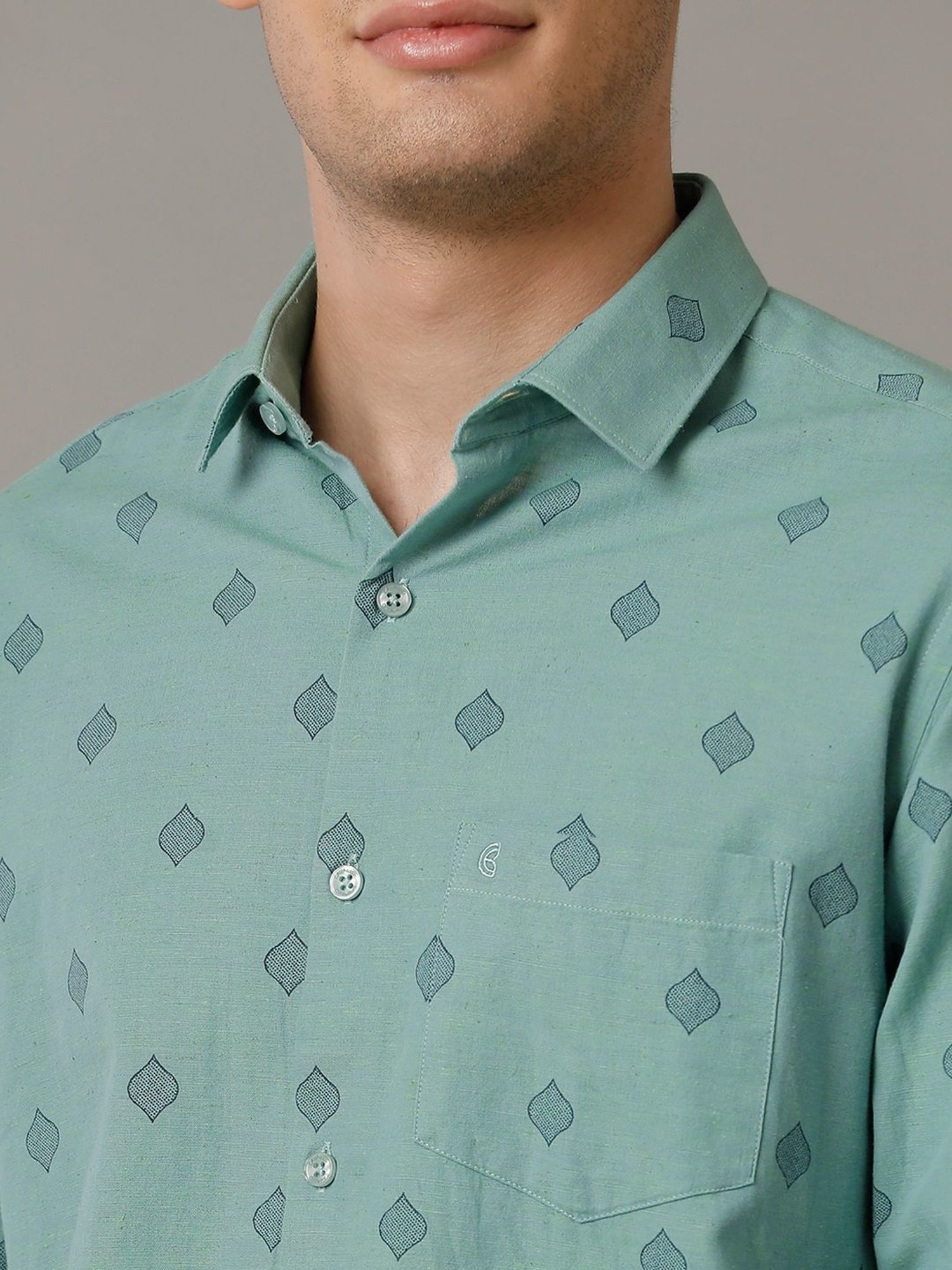 Cavallo By Linen Club Green Linen Contemporary Fit Printed Shirt