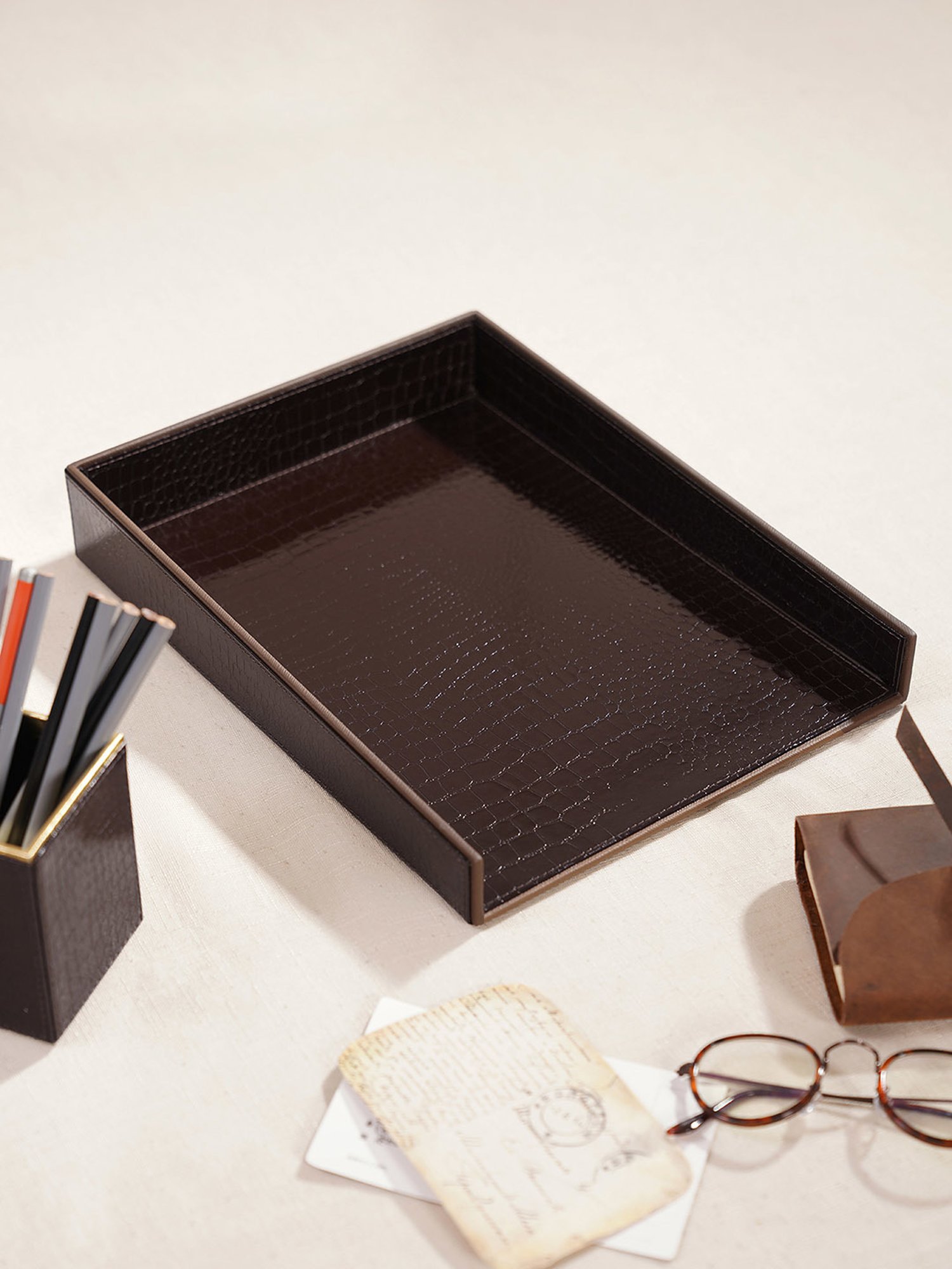 Pure Home and Living Brown Leather Textured Paper Tray