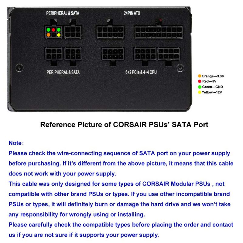 6 Pin to 3X 15 Pin SATA Hard Drive Power Adapter Cable for Some Types of Corsair Modular PSUs 20-in(50cm)