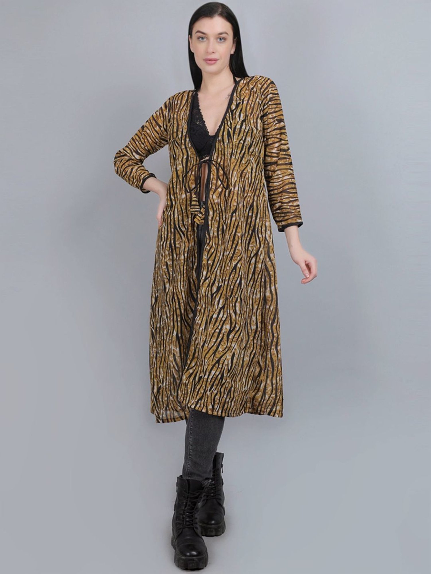 mod & shy Brown Printed Long Shrug