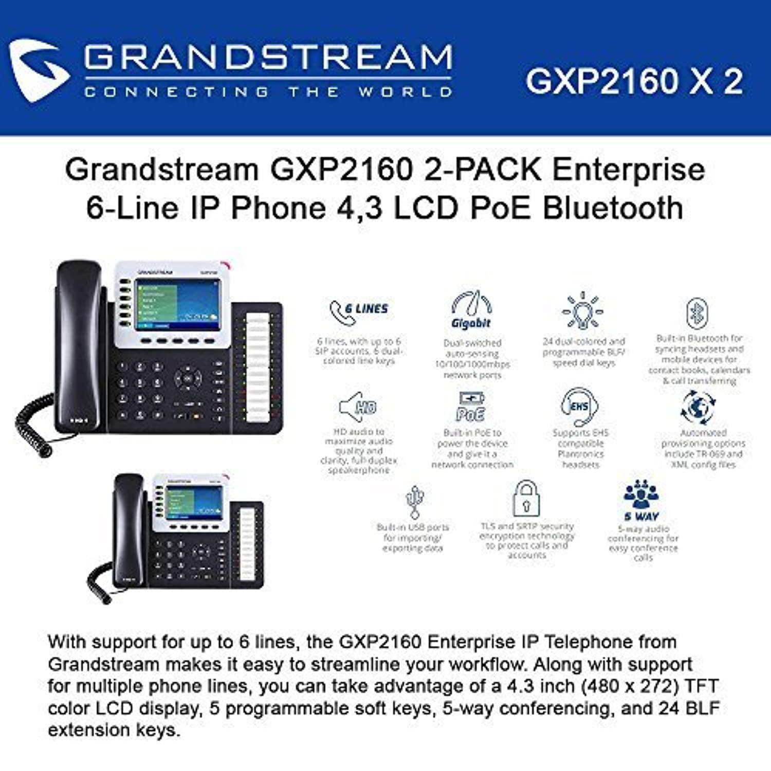 Grandstream GXP2160 2-PACK Enterprise 6-Line IP Phone 4.3 LCD PoE Bluetooth