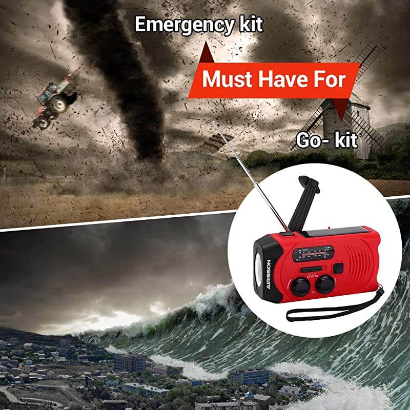 SOS 2000mAh Emergency Solar Hand Crank Portable RadioNOAA Weather Radio for Household and Emergency with AMFMLED FlashlightReading LampUSB ChargerBattery Indicator Red