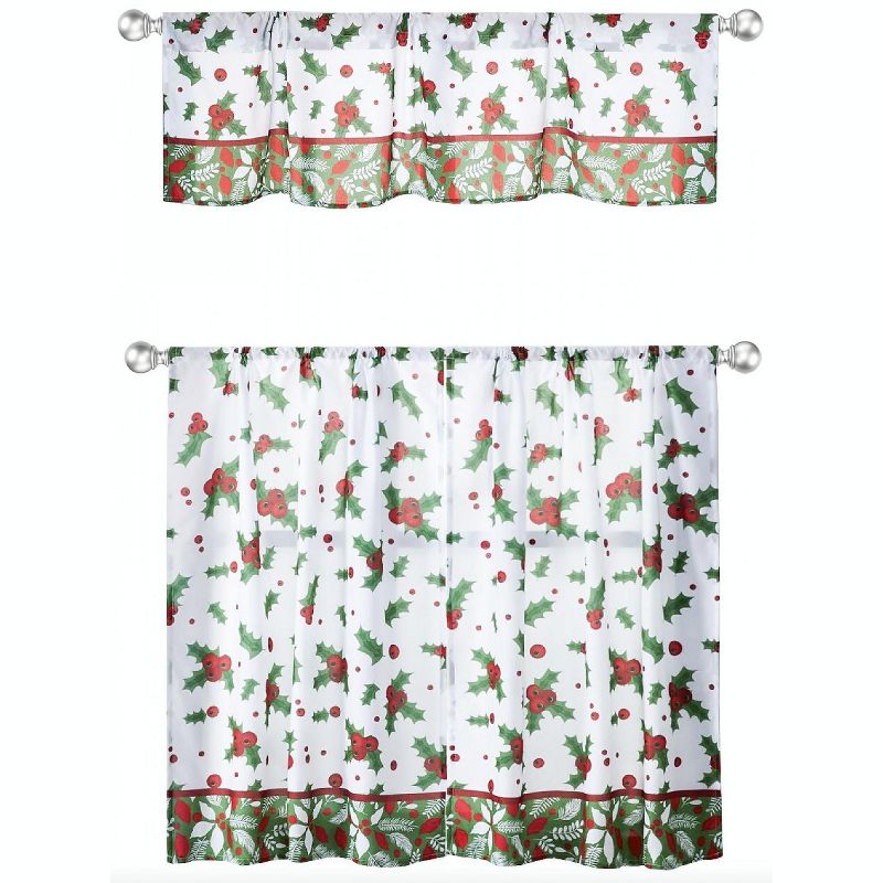 Kate Aurora Holiday Living Classic Poinsettia Complete 3 Piece Christmas Kitchen Curtain Tier & Valance Set - 58 in. W x 36 in. L