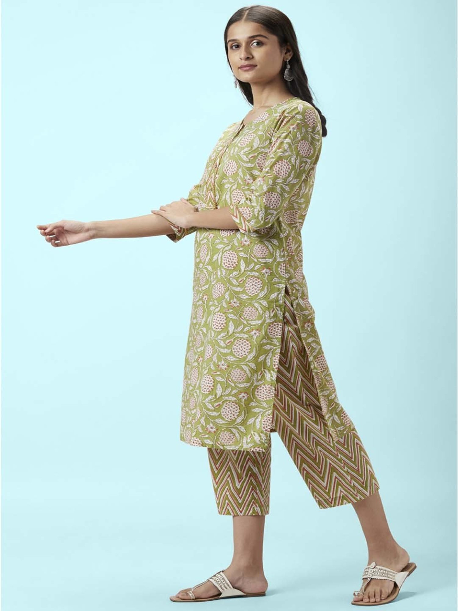 Rangmanch by Pantaloons Green Cotton Floral Print Kurta Palazzo Set