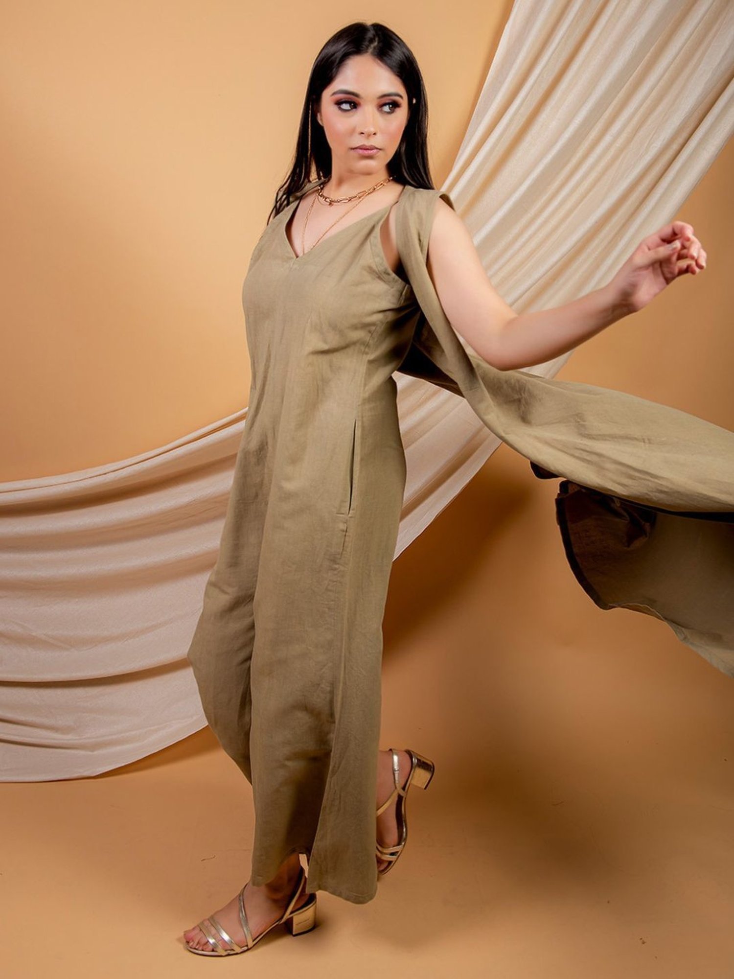 Priya Chaudhary Olive Green Umber Solid Jumpsuit In Cotton Linen Fabric and a Sleeveless Over Wear