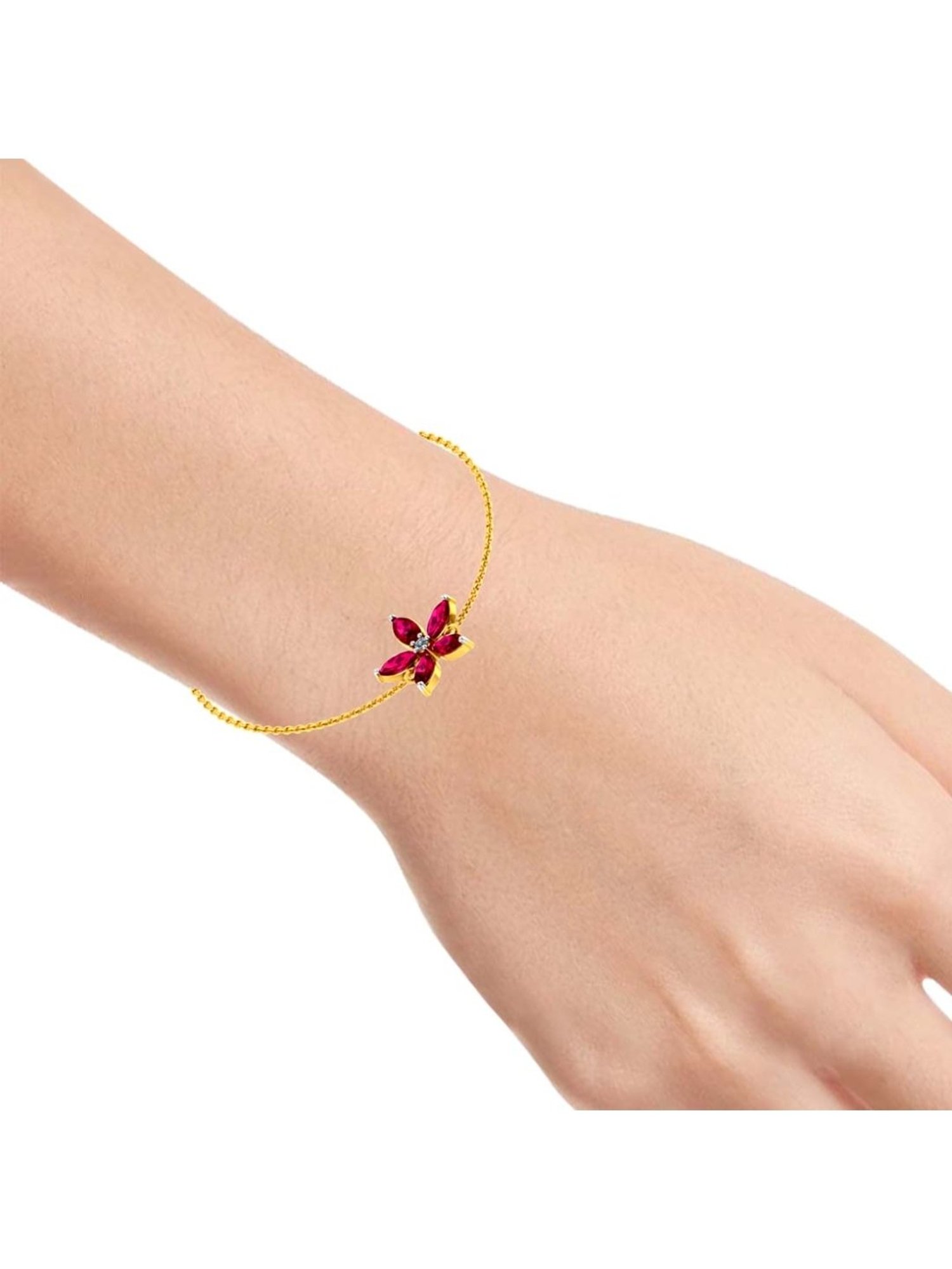 P.C Chandra Jewellers Designer 18k Yellow Gold and Diamond with Red Gemstone Flower Motif Bracelet