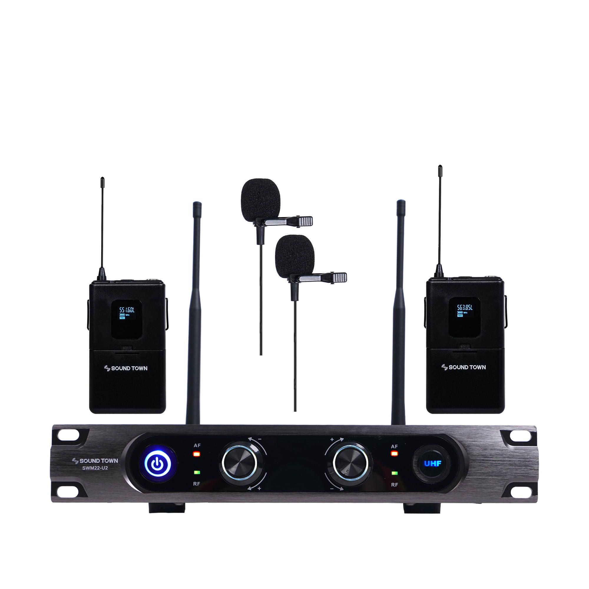 Sound Town Metal 40-Channel Rack Mountable UHF Wireless Microphone System with 2 Lavalier Microphones, 2 Bodypack Transmitters for Church, Business Meeting, Outdoor Wedding and Karaoke (SWM22-U2LL)