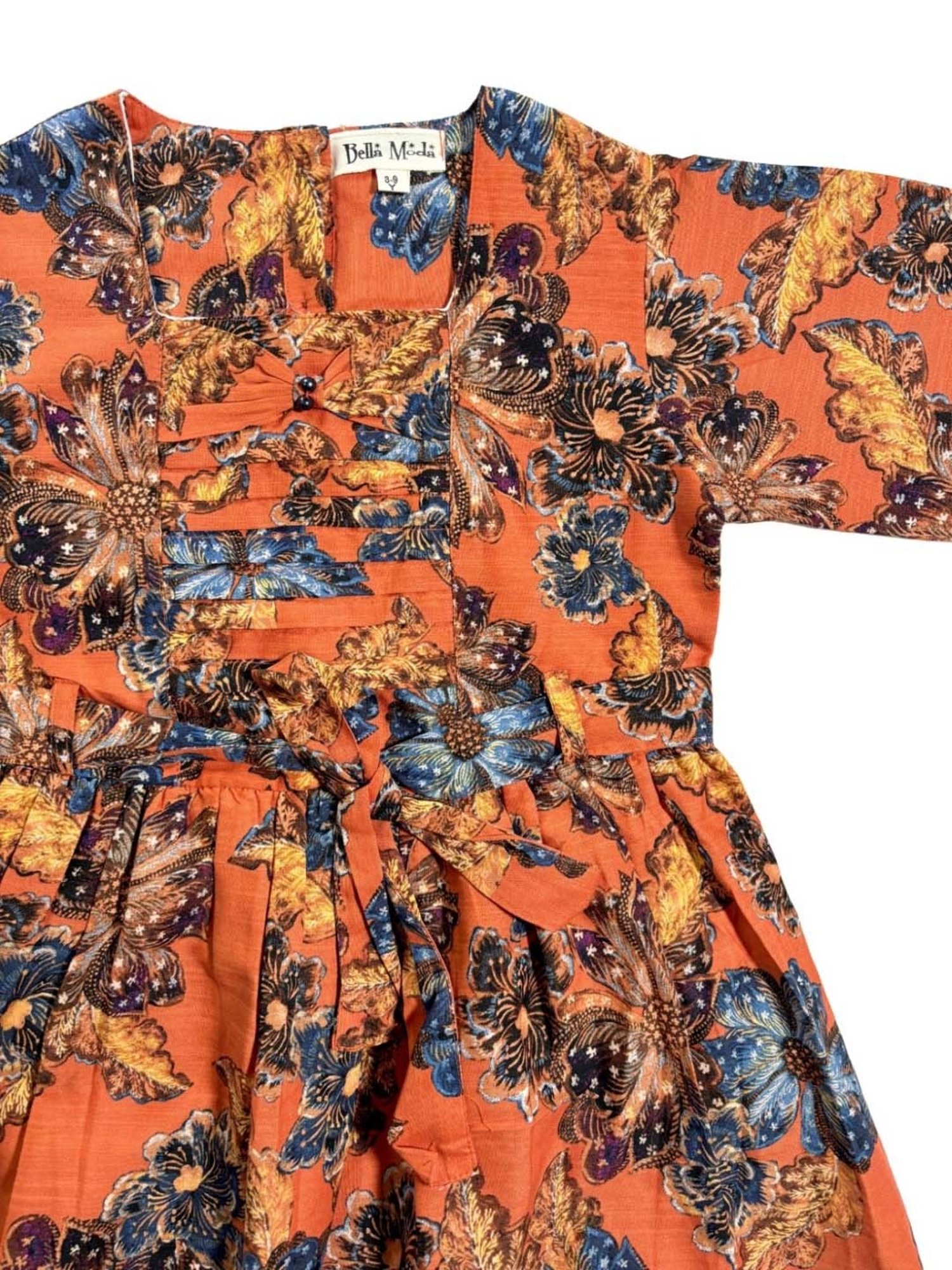 Bella Moda Kids Orange & Blue Cotton Floral Print Full Sleeves Dress