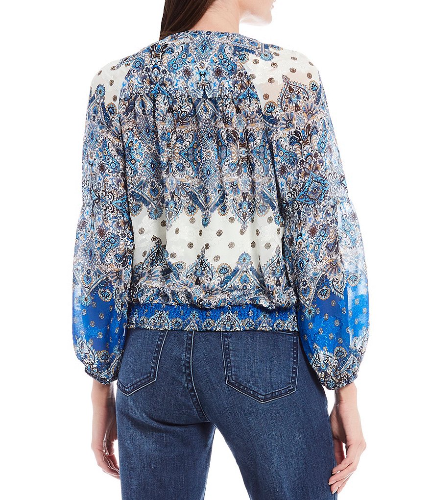 Reba Surplice V-Neck Long Sleeve Smocked Hem Tile Print Faux Wrap Top