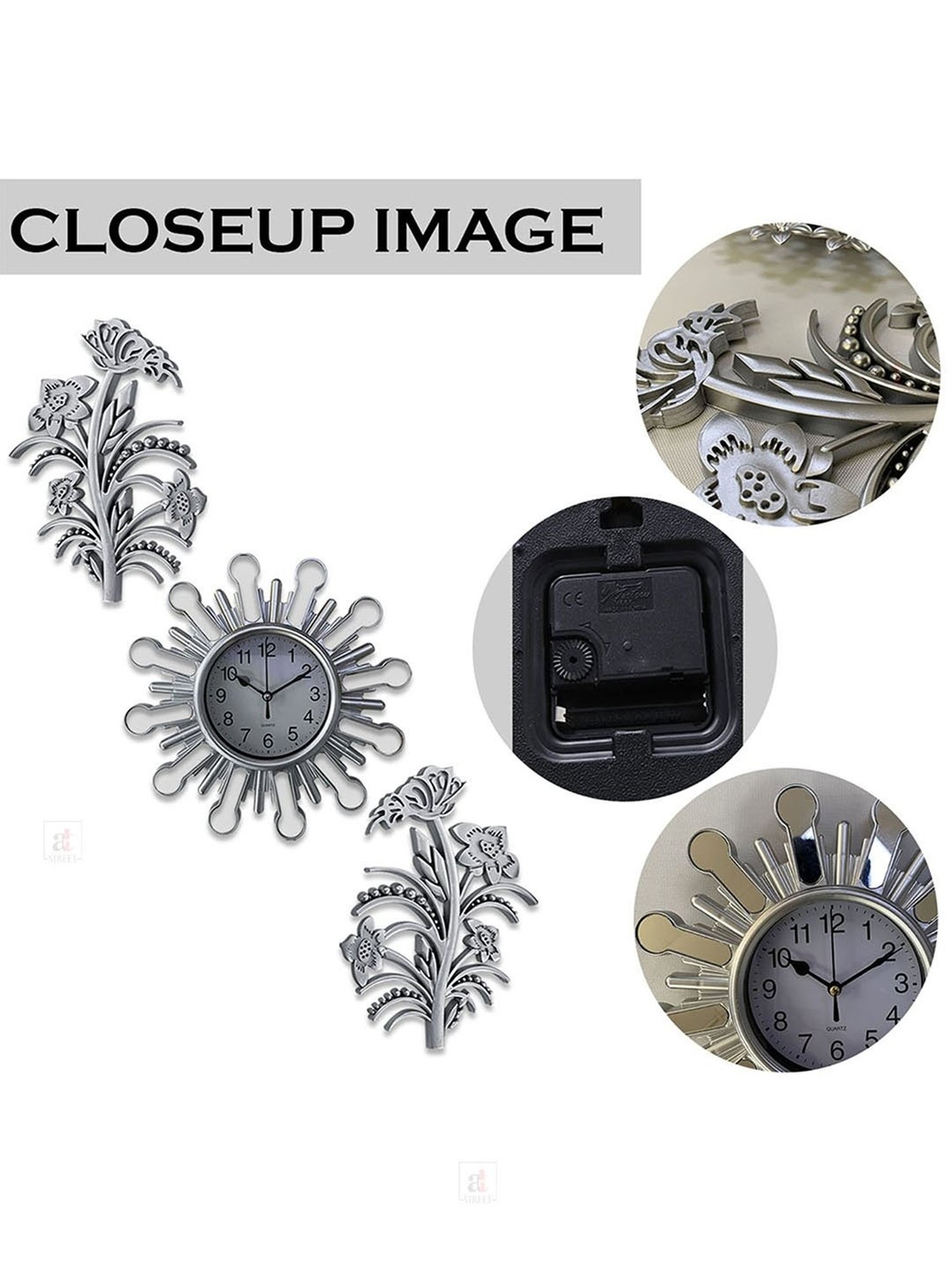 Art Street Silver Plastic Wall Clock with Leaf Set