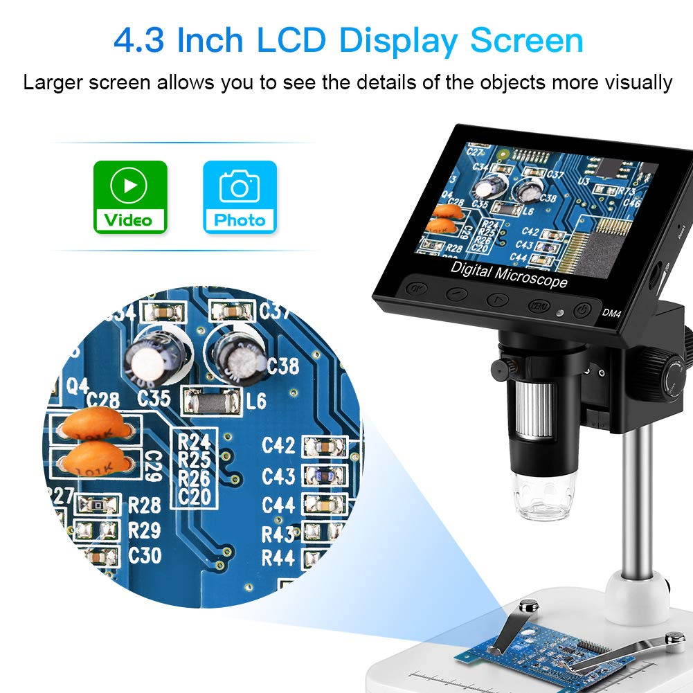 4.3 inch LCD Digital USB Microscope Endoscope Record 1000X Magnification Zoom, 8 Adjustable LED Light, Micro-SD Storage, Camera Video Recorder for Repair Soldering