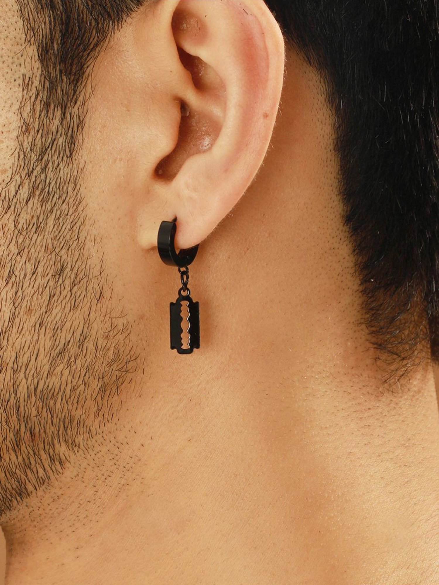 Bold by Priyaasi Black & Silver Blade Ring Hoop Earrings for Men - Set of 3