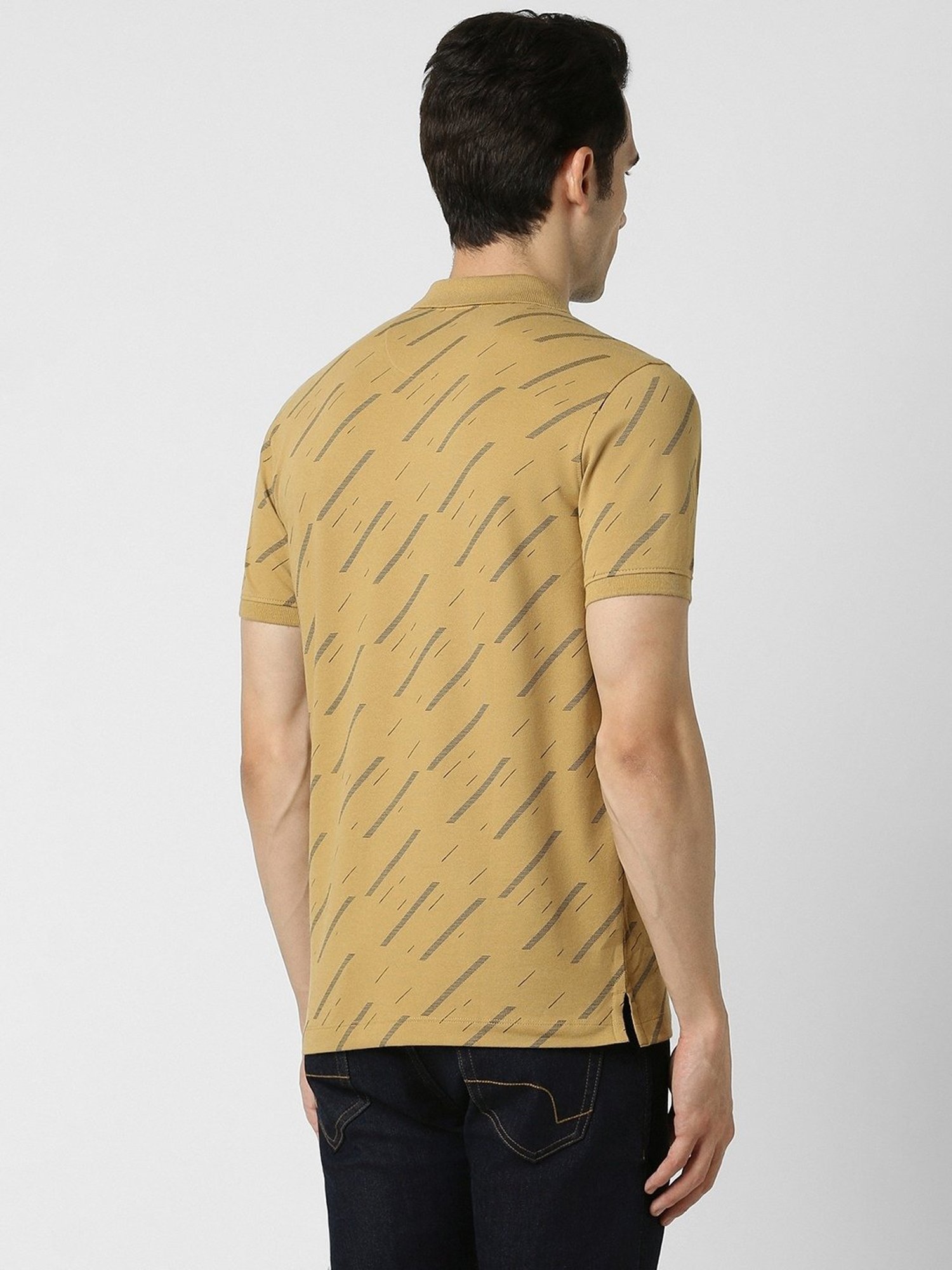 Peter England Yellow Cotton Slim Fit Printed Polo T-Shirt