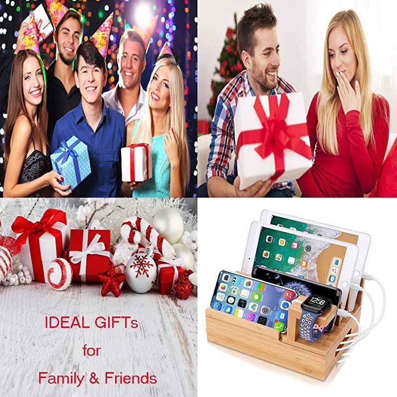 Charging Station OrganizerFast Charging Station for Multiple Device 5Port USB Bamboo Wood Charging DockUniversal Apple Watch Phone Pad and Android Like Samsung Cell Phones amp Tablets