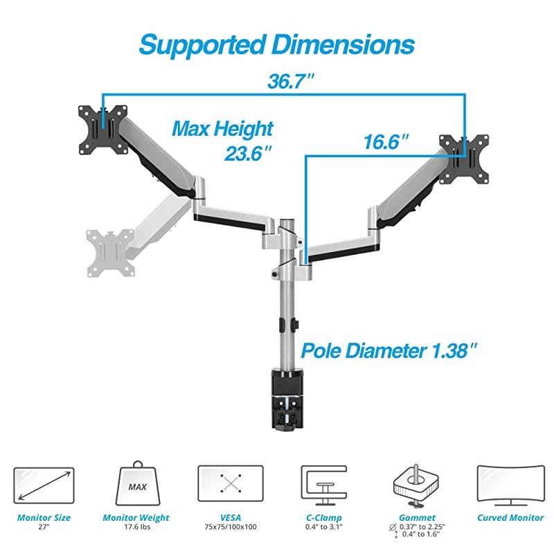 Dual 1327 Stacked Monitor Arm Desk Mount fits Two FlatCurved Monitor Full Motion Height Swivel Tilt Rotation Adjustable Monitor Arm VESACClampGrommetCable Management
