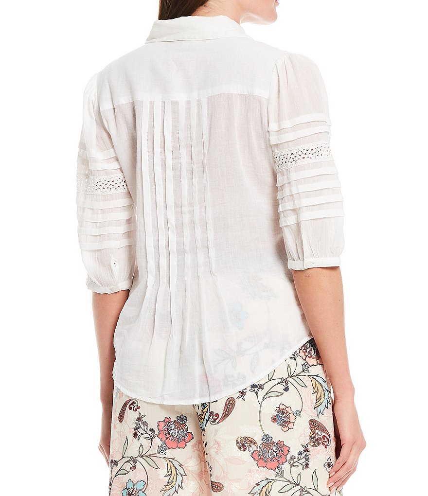 Reba 3/4 Puff Sleeve Button Front Spread Collar Lace Inset Cotton Shirt