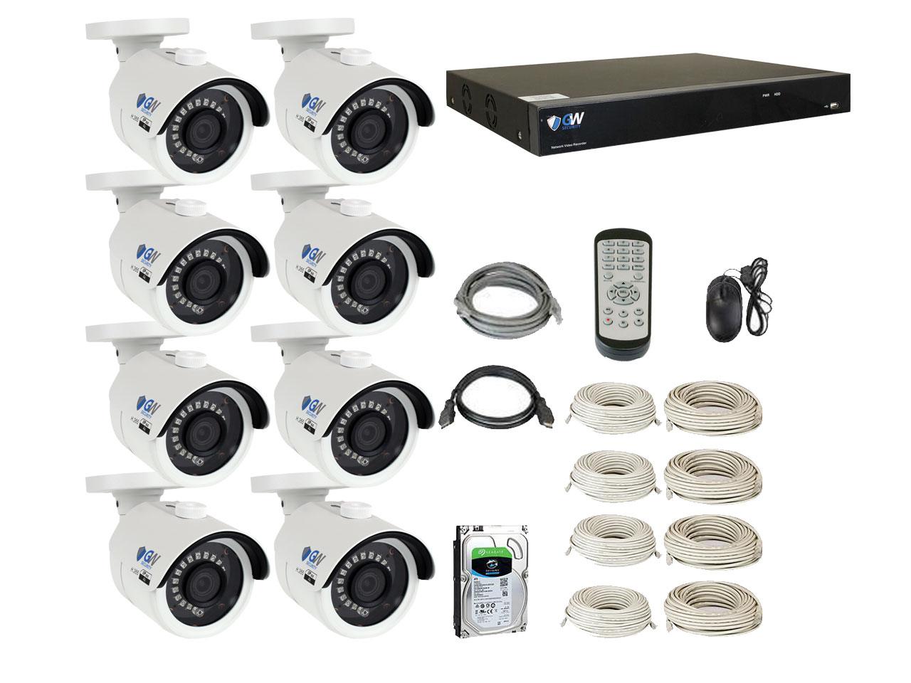 GW 4K Ultra HD 8MP PoE IP Camera Security System, 8-channel H.265 NVR UHD 4K Output, 4 x 4K 8 Megapixel WDR Weather Proof PoE IP Cameras, Smart Video Search Customizable Motion Detection, 2TB HDD