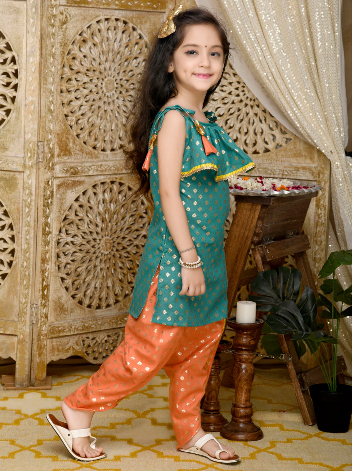 Saka Designs Kids Teal & Orange Printed Kurta with Dhoti