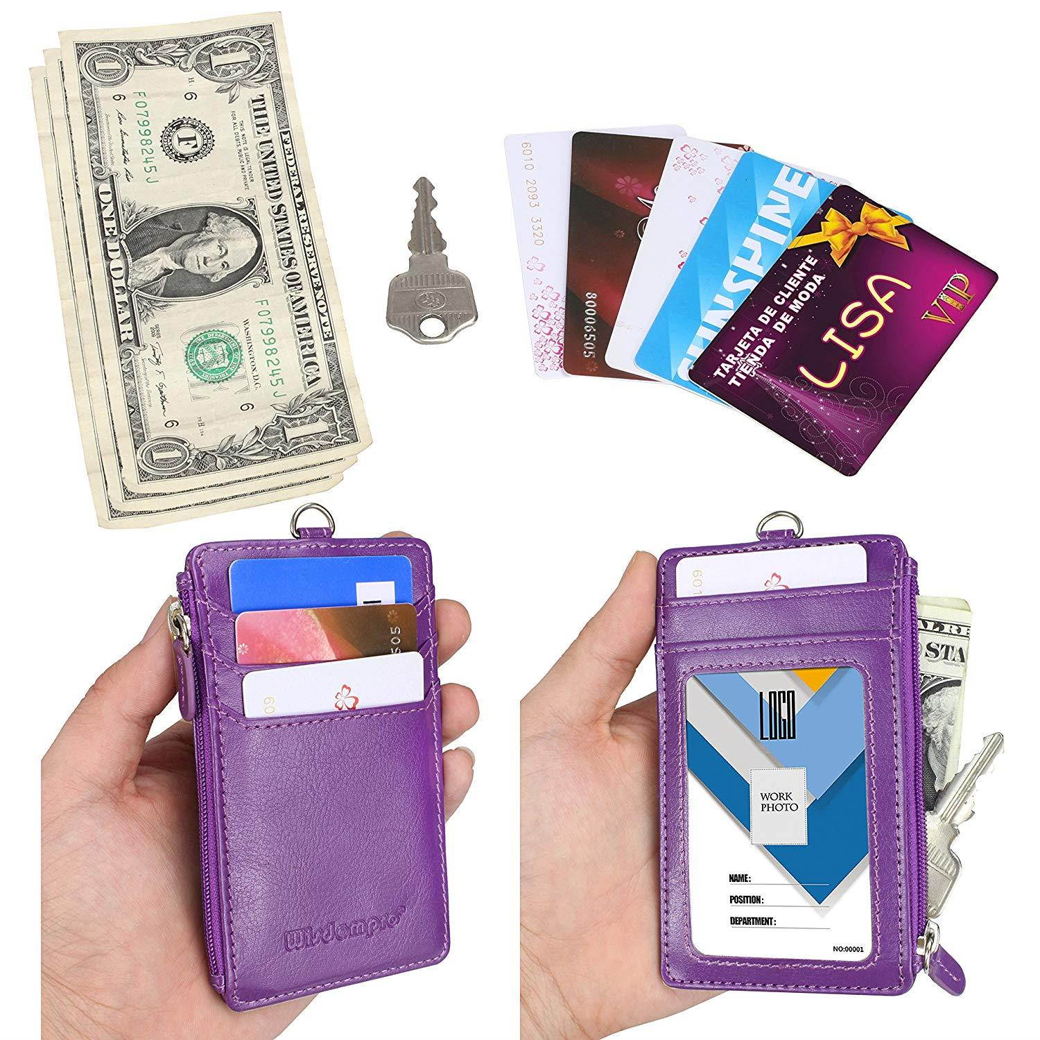 Badge Holder with Zip, Wisdompro 2-Sided PU Leather ID Badge Holder Wallet Case with 1 ID Window, 4 Card Slots, 1 Side Zipper Pocket and 1 piece 20" PU Neck Lanyard/Strap - Purple (Vertical)