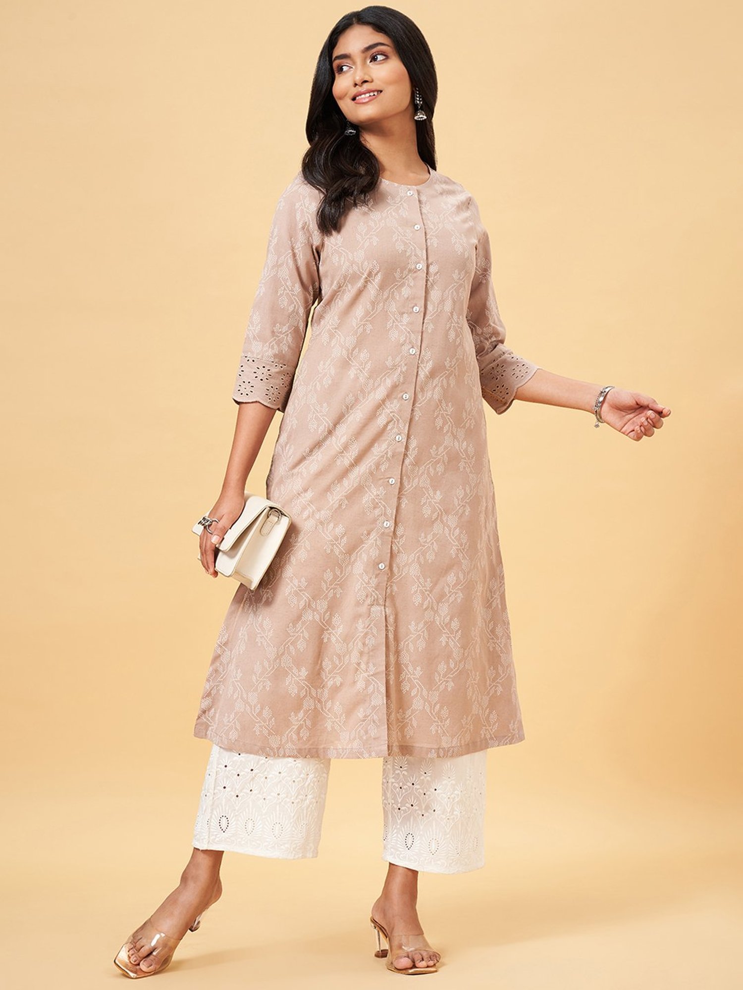 Rangmanch by Pantaloons Beige Cotton Printed Straight Kurta