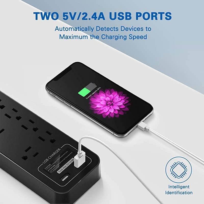 Power Strip Surge Protector  12 Overload Protection Outlet and 2USB Port 6Foot Heavy Duty Extension Cord for Home Office Hotel 2390 Joule