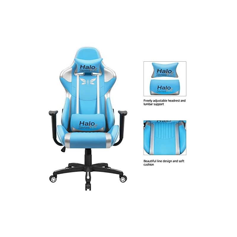 Gaming Chair Adjustable Racing Chair Halo Series Specialty Design Ergonomic Comfortable Swivel Computer Chair with Headrest and Lumbar Support (Blue and Plum red)