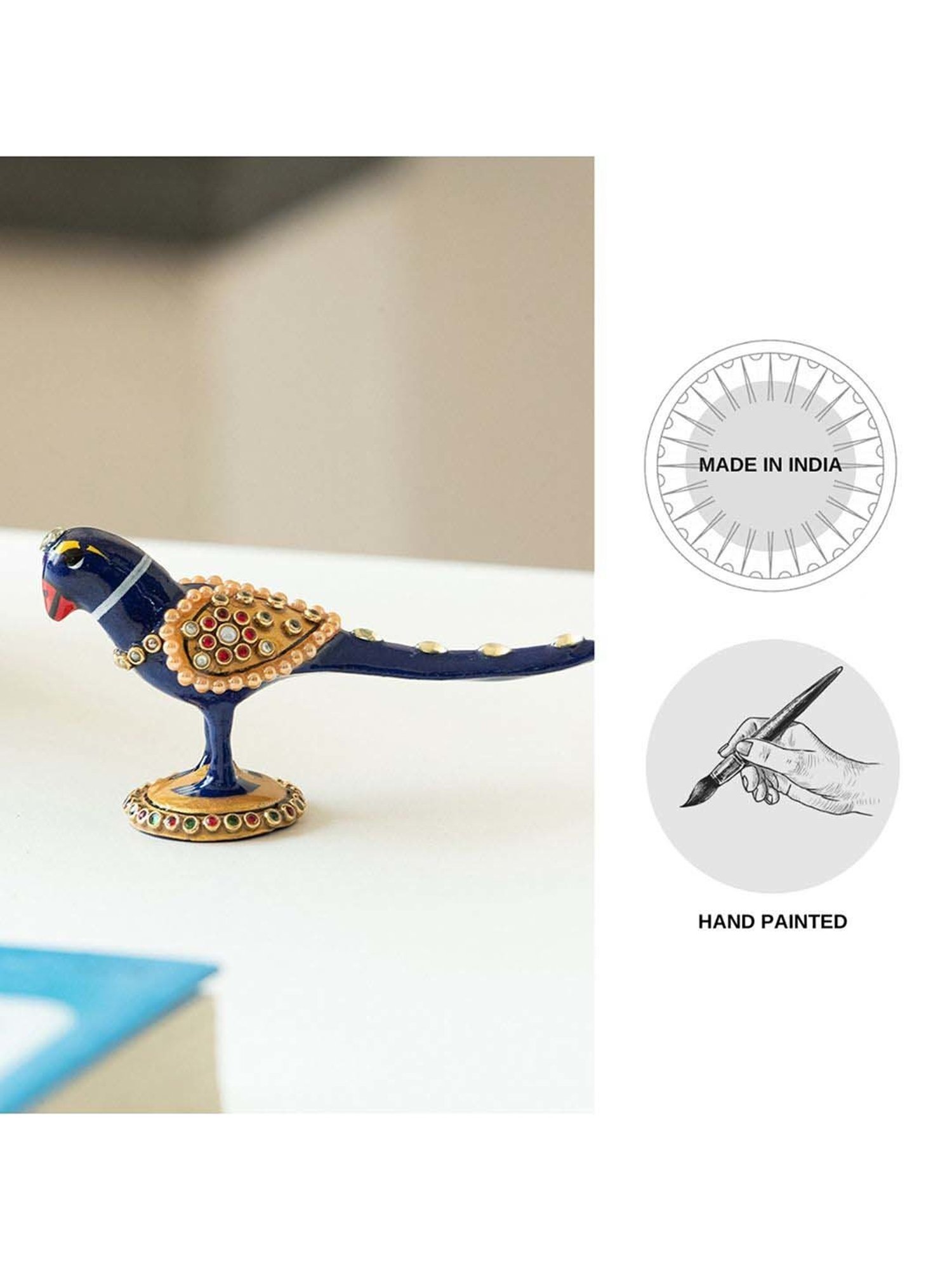 ExclusiveLane Royal Blue & Golden Metal Meenakari Singing Parrot Decorative Showpiece Figurine