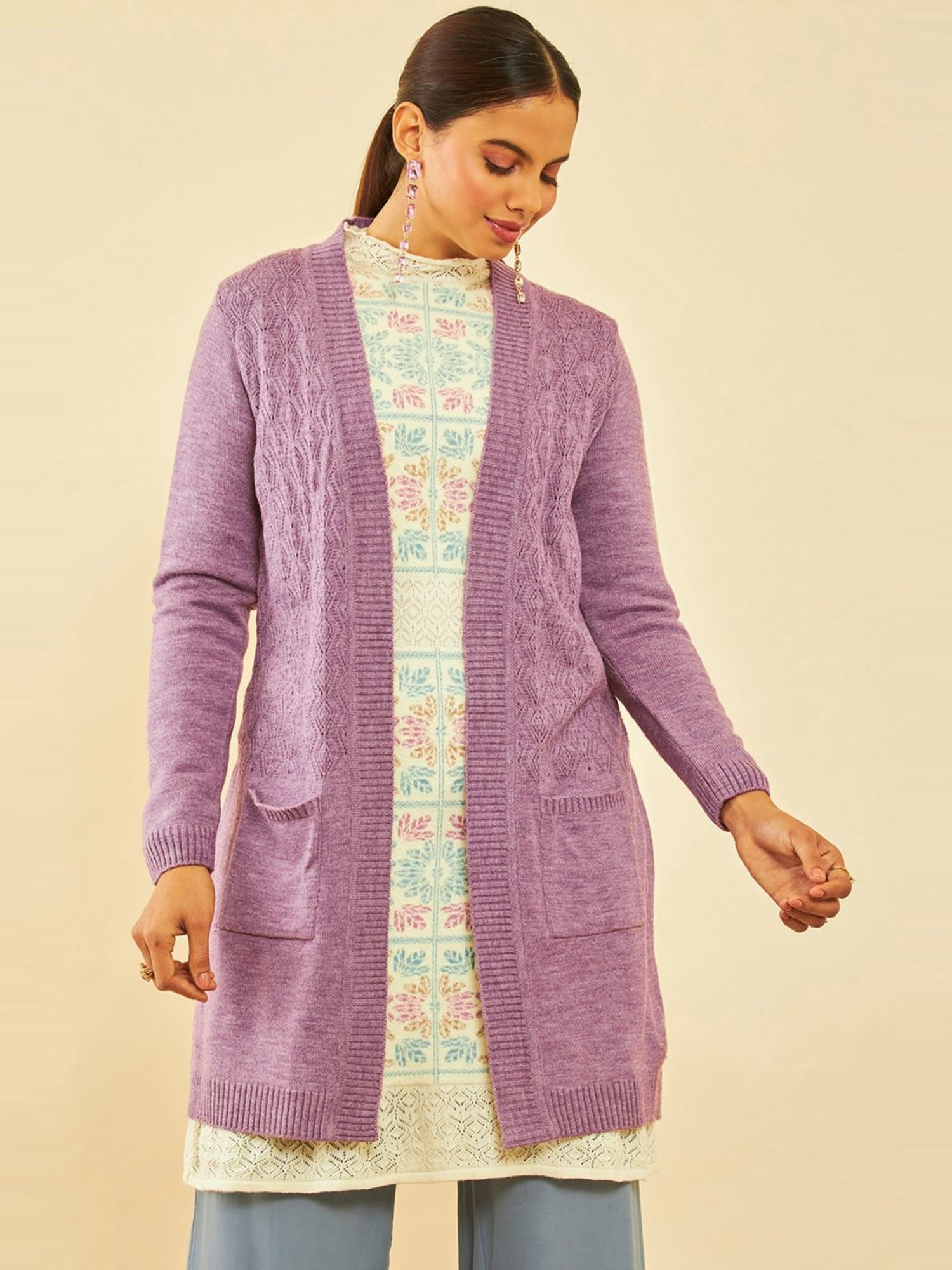 Soch Purple Acrylic Chevron Pattern Knitted Open-Front Longline Shrug