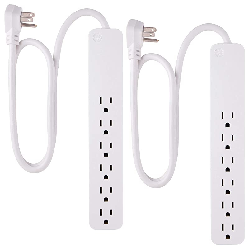 White Strip Sur Protector 2 Pack 6 Outlets Flat Plug Long Power Cord 2Ft Wall Mount 46867 2 Ft