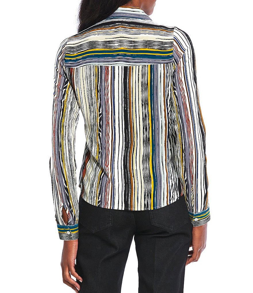 Figueroa & Flower Petite Size Sage Stripe Print Half Button Front Twist Front Detail Point Collar Neck Roll-Tab Long Sleeve Top