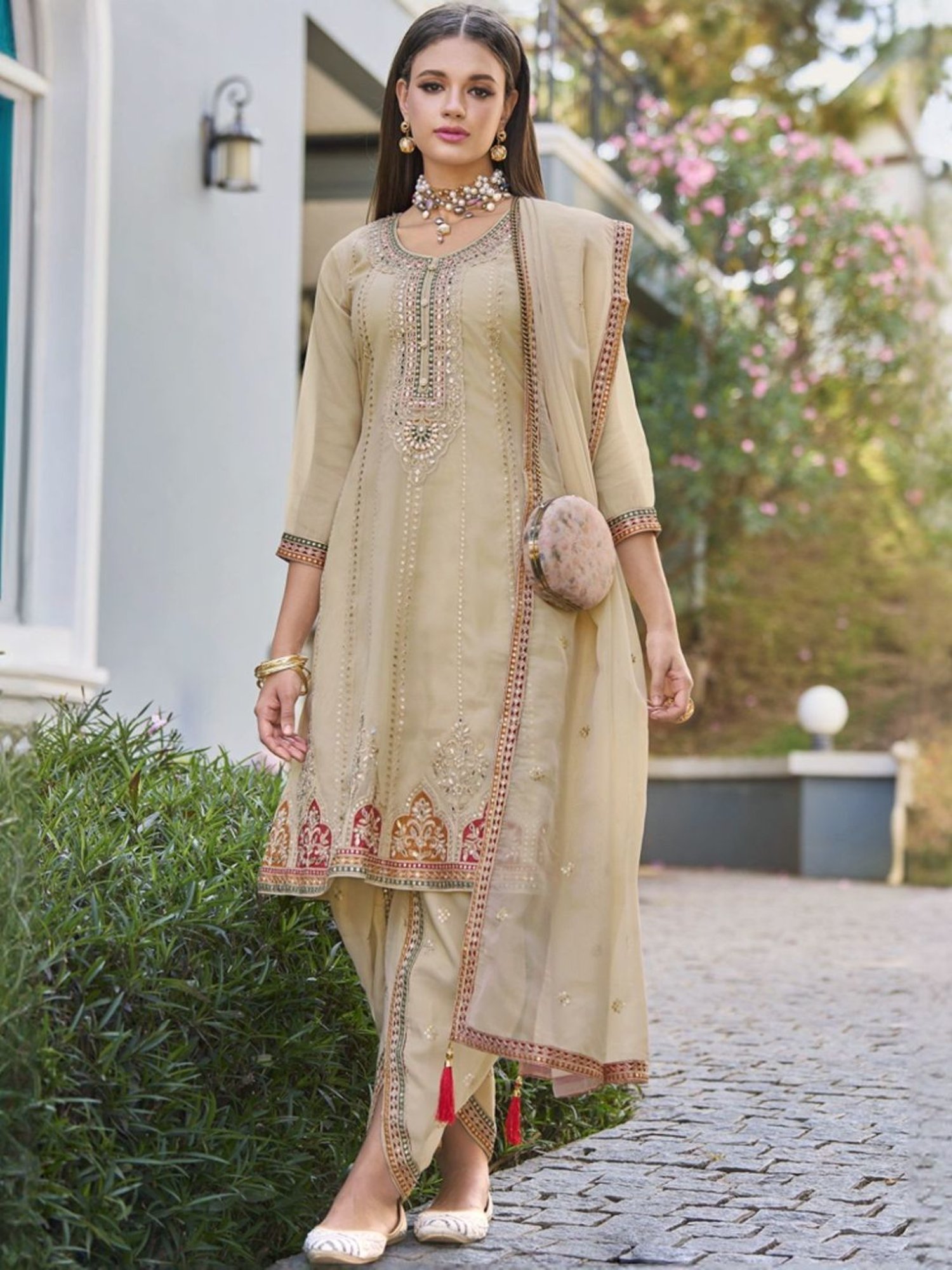 Autumnlane Beige Alia Gold Full Heavy Work Premium Kurta with Pant and Dupatta