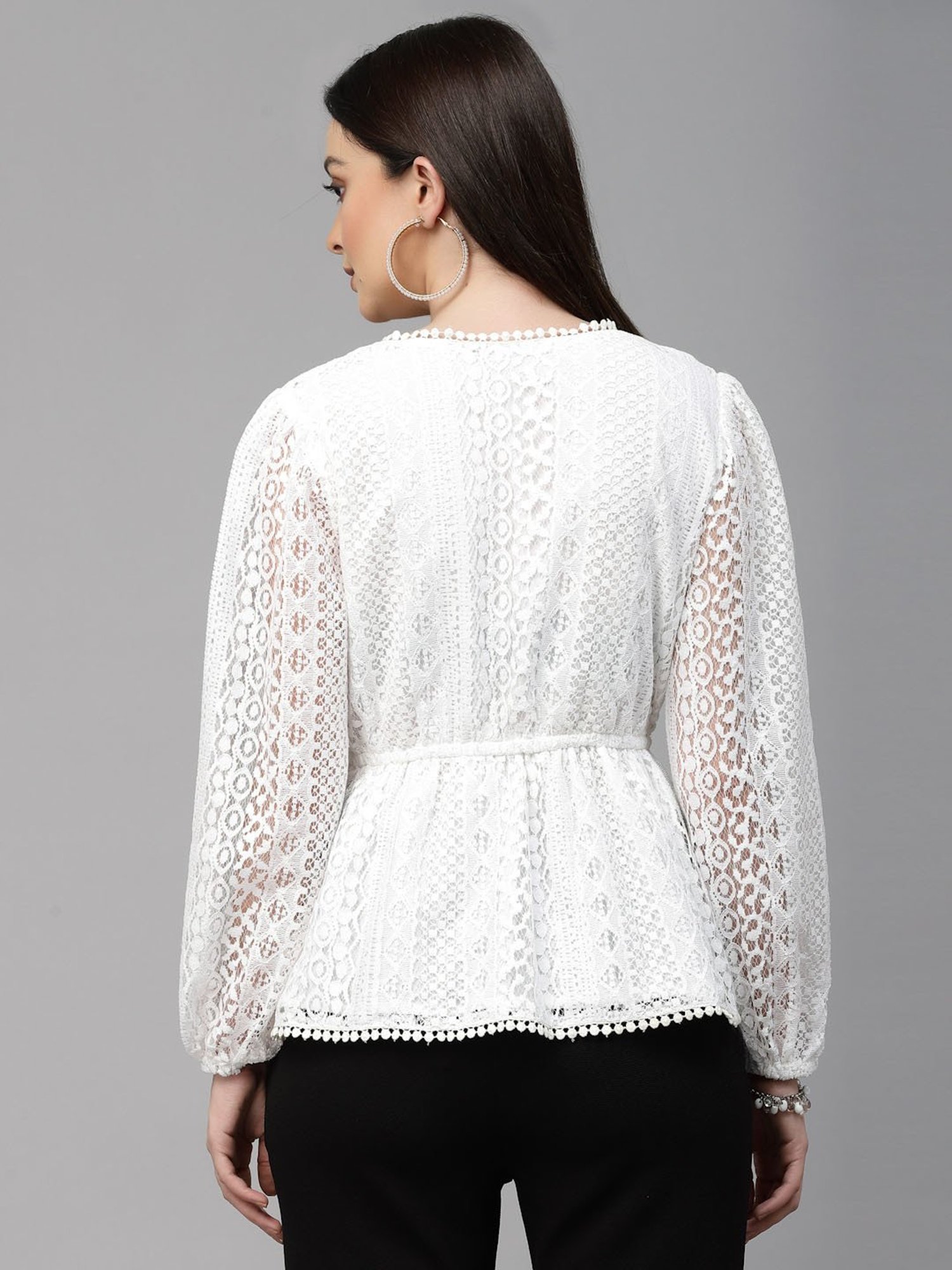 Style Quotient Women White Self Design  Lace Regular Smart Casual Peplum Top