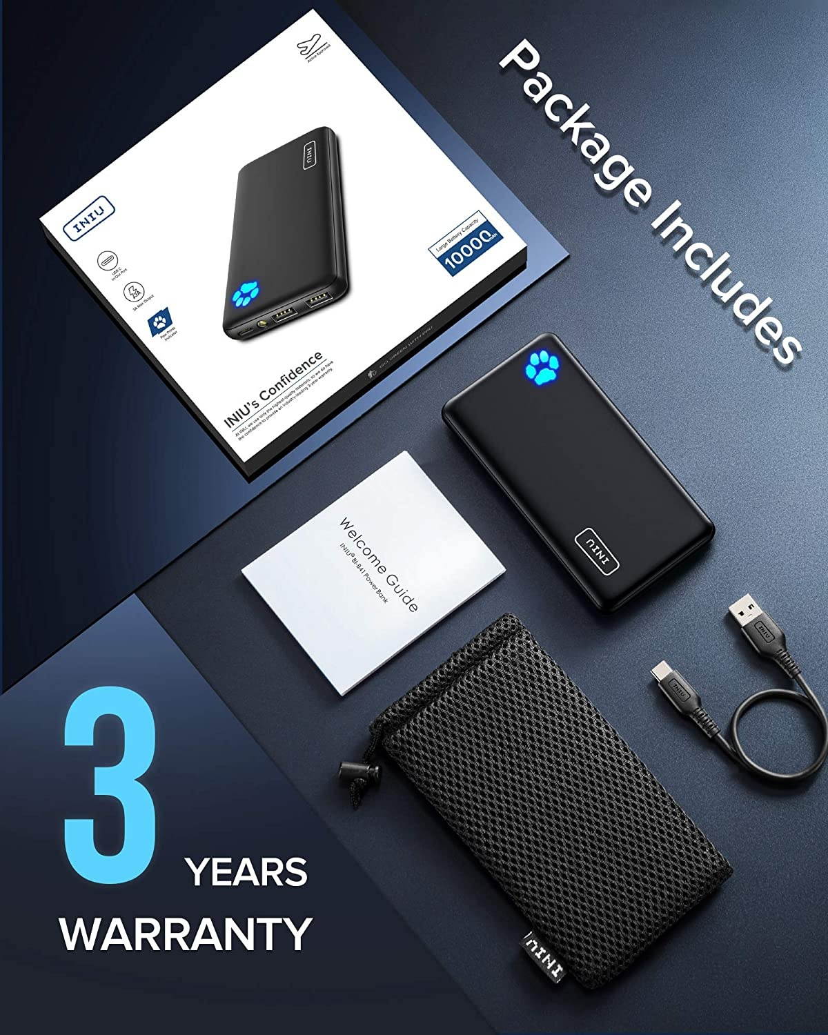 INIU Portable Charger USB C Slimmest & Lightest Triple 3A High-Speed 10000mAh Power Bank Flashlight Battery Pack Compatible with iPhone 12 11 X 8 Plus Samsung S20 Google LG iPad etc. [2021 Version]