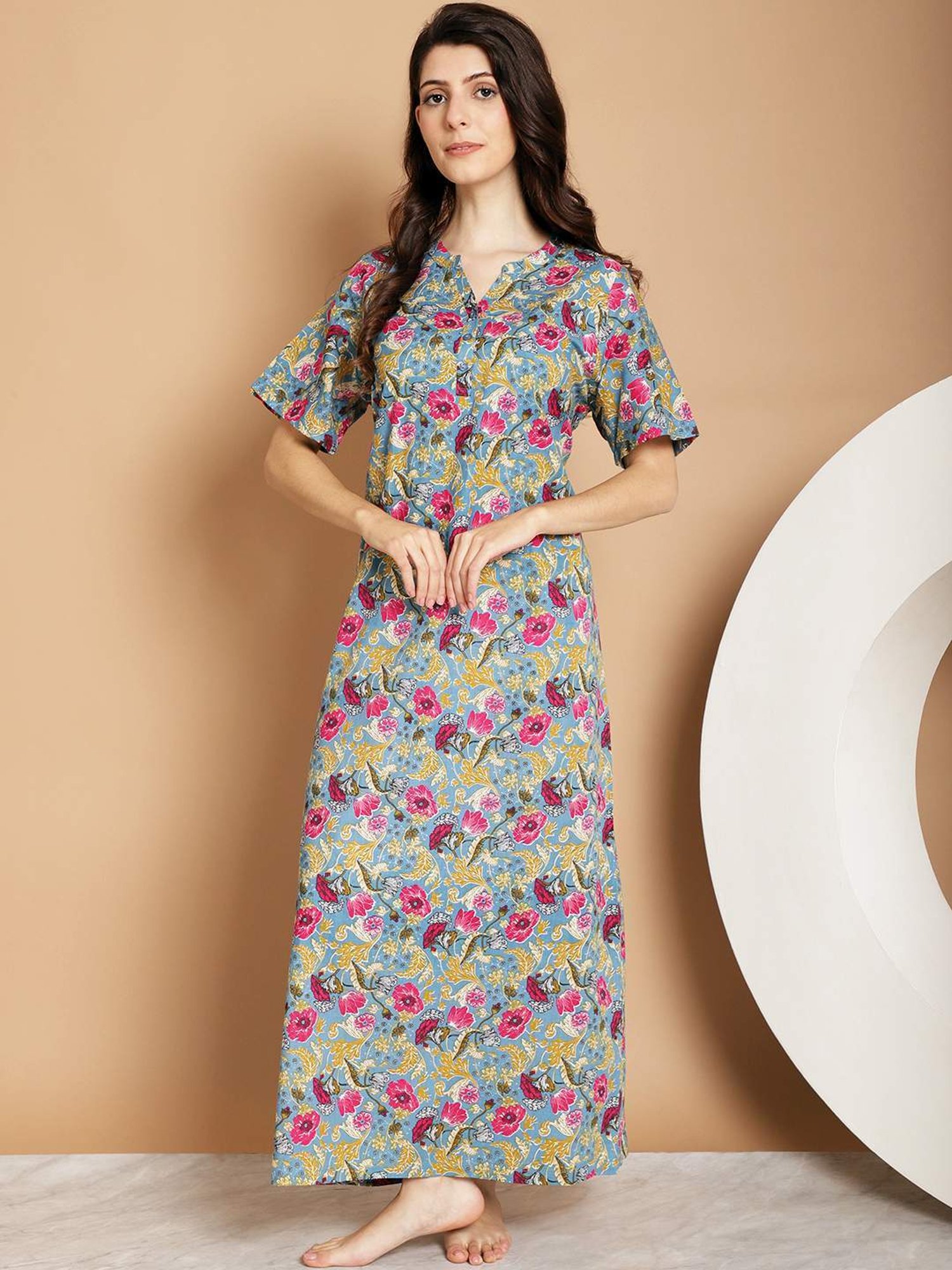 Kanvin Blue Cotton Printed Nighty