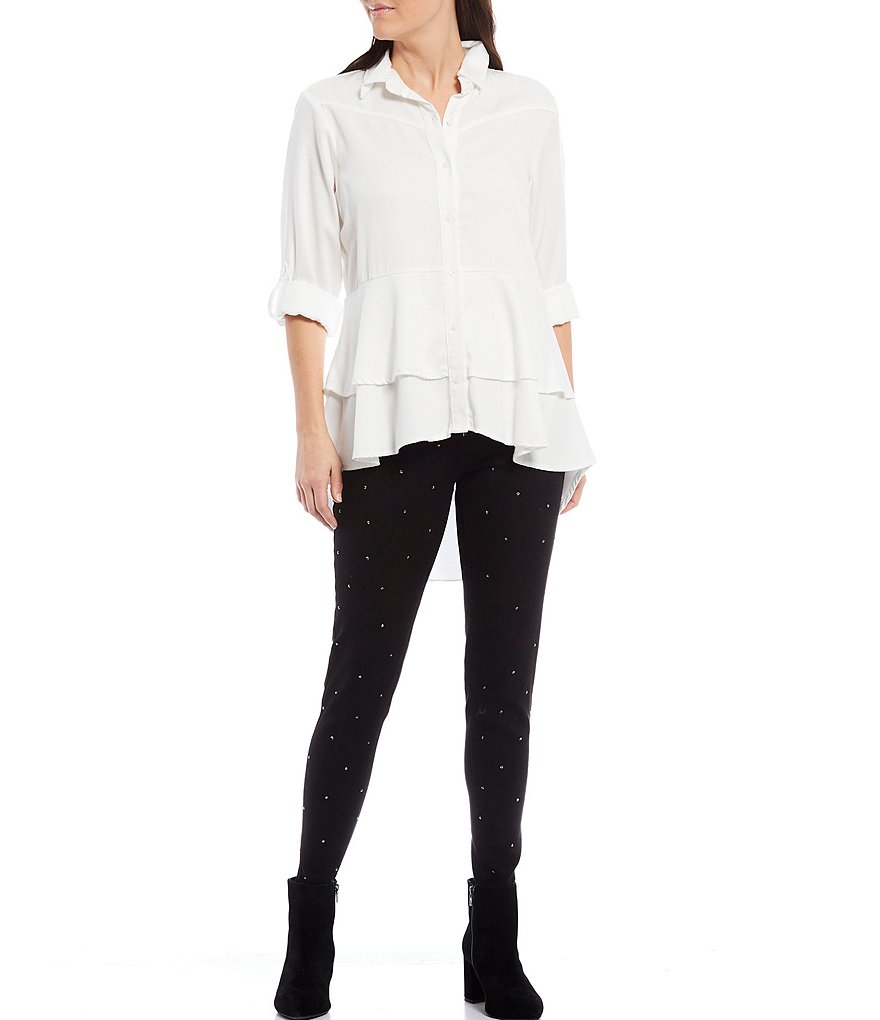Reba Rodeo Roll-Tab Sleeve Hi-Low Layered Ruffle Button Front Shirt