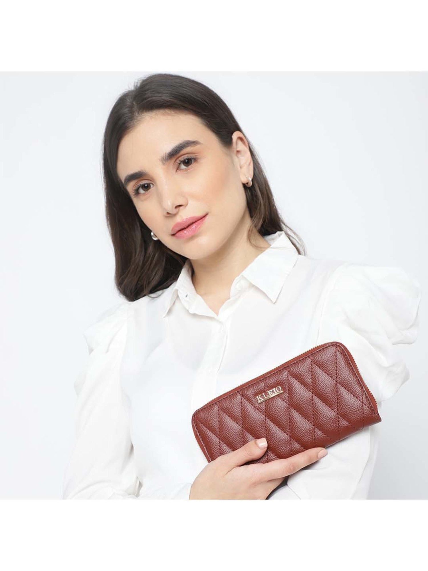KLEIO Brown Quilted Zip Around Wallet for Women