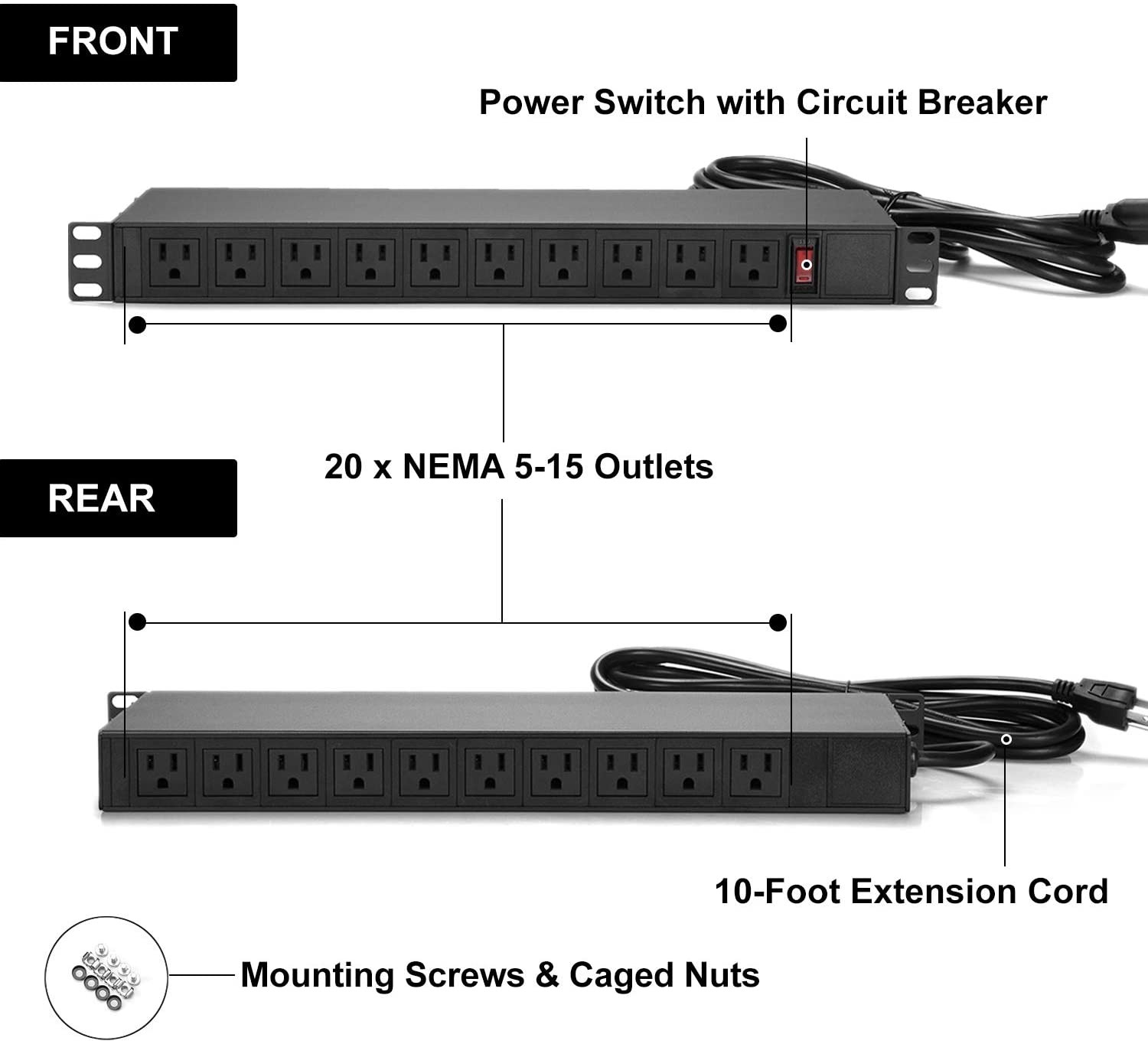 BESTTEN Commercial 1U PDU, 20-Outlet Metal Power Strip, 10ft Long Extension Cord, 19-inch Server Rack Mount Power Distribution Unit, UL Listed