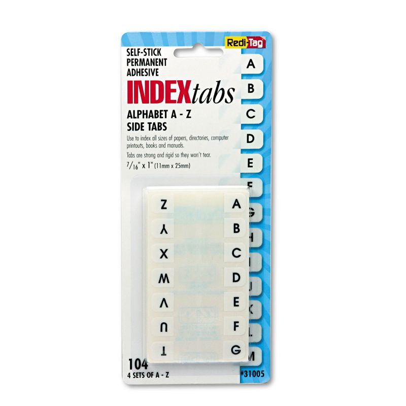 Redi-Tag Side-Mount Self-Stick Plastic A-Z Index Tabs 1 inch White 104/Pack 31005