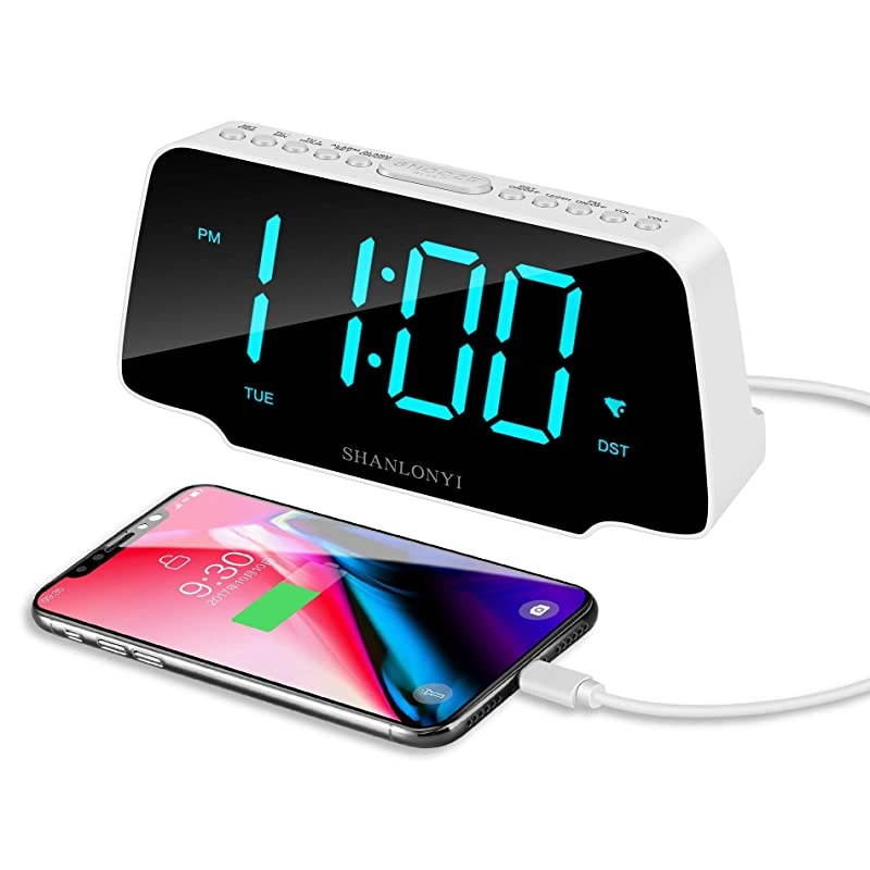 Loud Alarm Clock Radio with 9 Inch Blue LED Display for Bedroom, 3 Dimmer, Snooze, FM Radio, 12/24H, Auto DST, USB Chargers, Battery Backup for Kids, Heavy Sleepers, Elderly