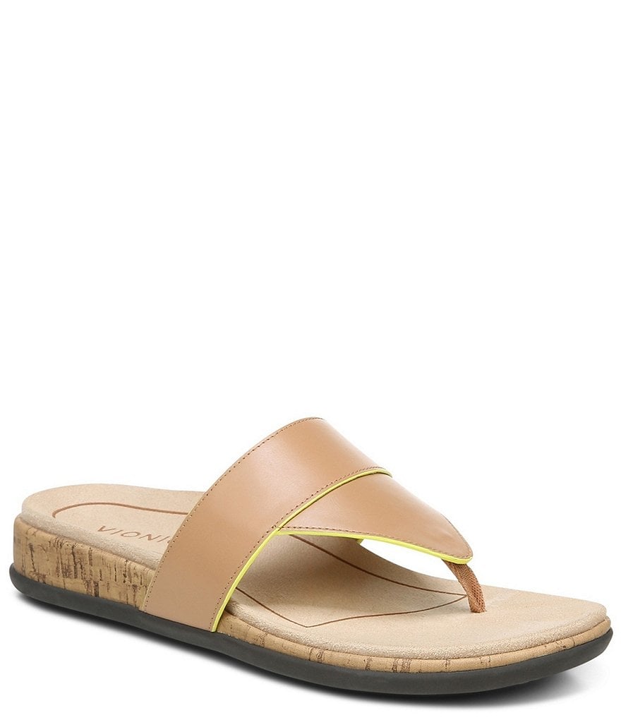 Vionic Jillian Leather Cork Wedge Thong Sandals