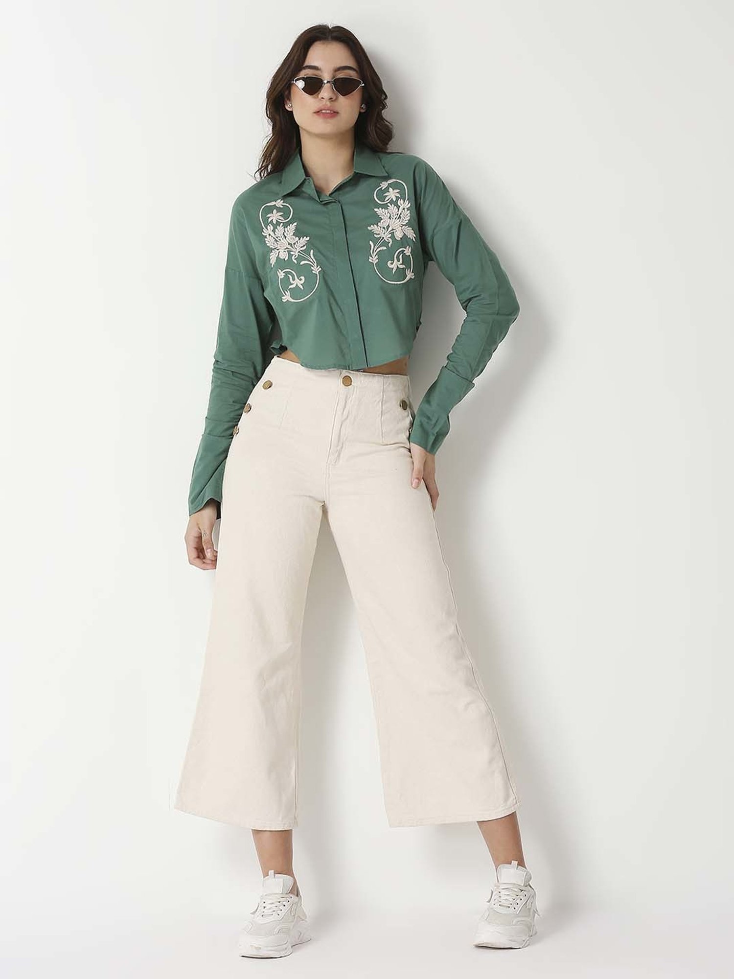 Remanika Green Cotton Embroidered Shirt
