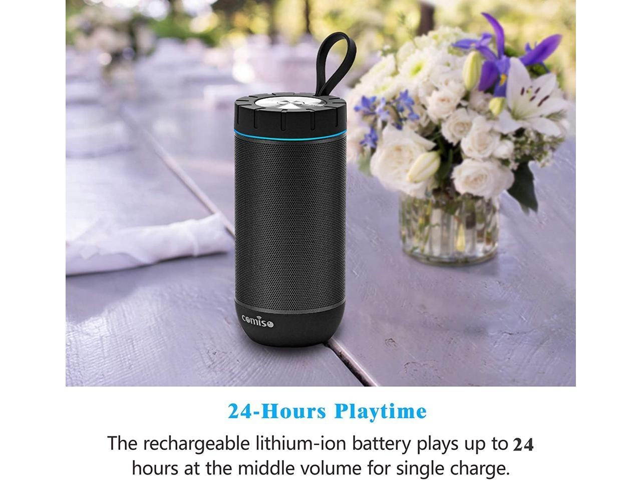 COMISO Waterproof Bluetooth Speakers Outdoor Wireless Portable Speaker with 20 Hours Playtime Superior Sound for Camping, Beach, Sports, Pool Party, Shower (Dark Grey)