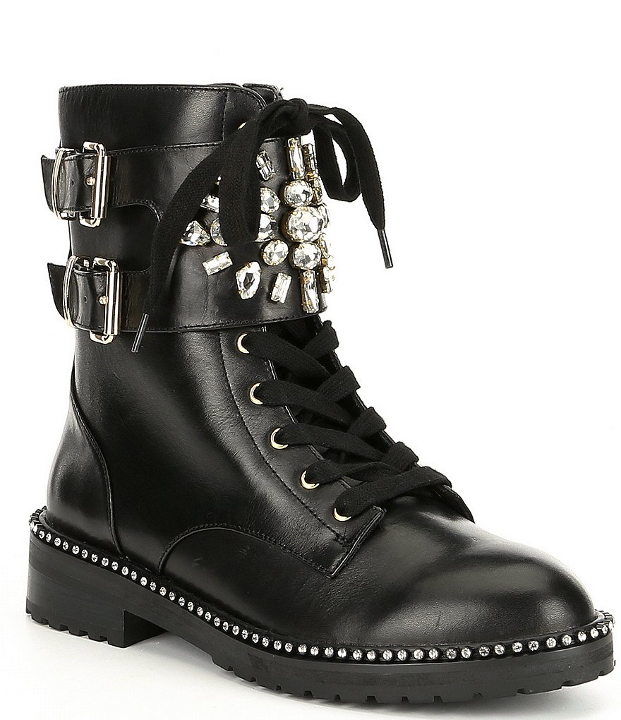 Kurt Geiger London Stoop Brooch & Buckle Embellished Leather Combat Boots