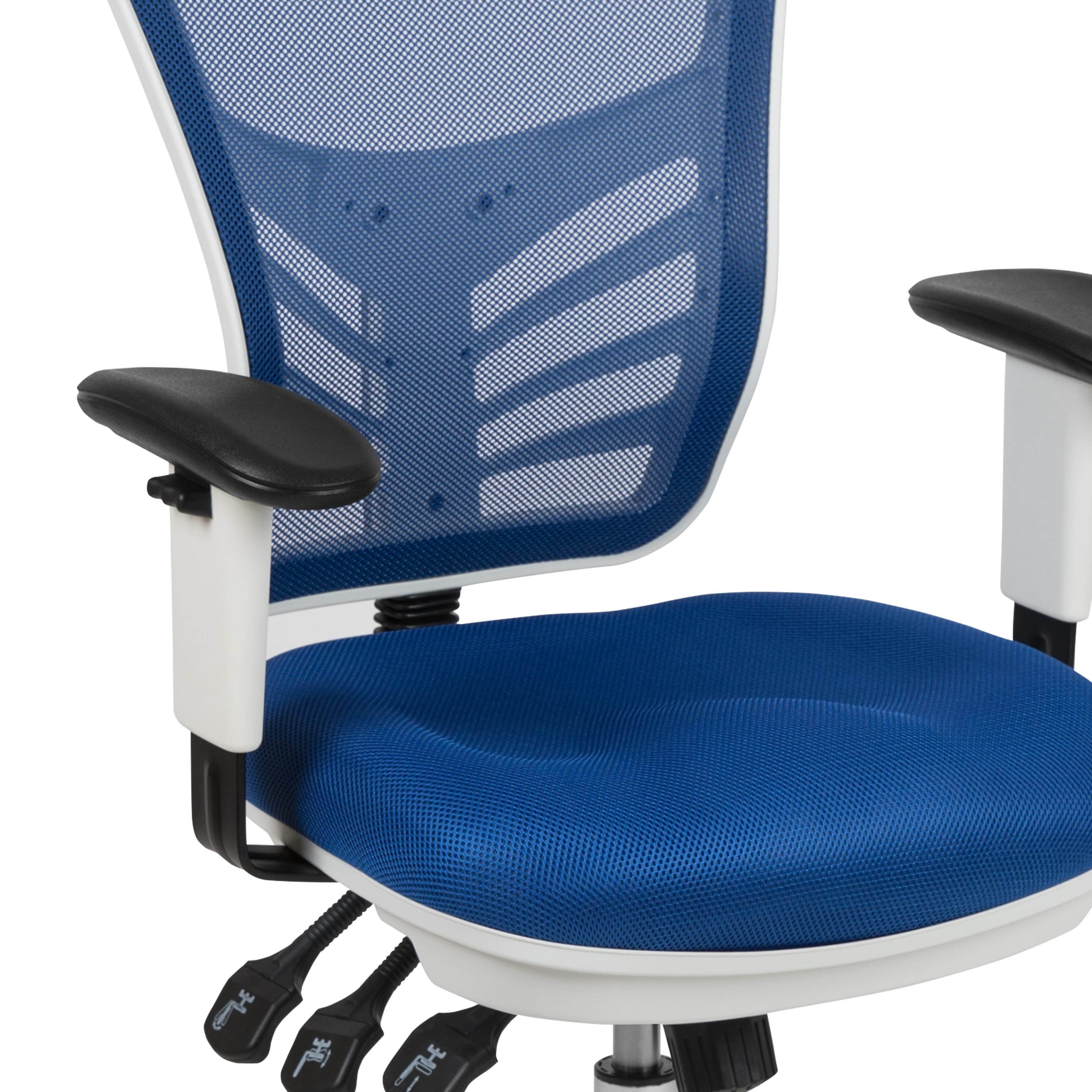 Mid-Back Blue Mesh Multifunction Executive Swivel Ergonomic Office Chair with Adjustable Arms and White Frame