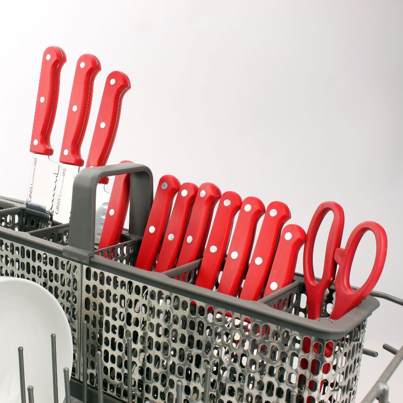 Ginsu Stainless Steel Serrated Knife Set 14pc with Red Kitchen Knives in a Natural Block