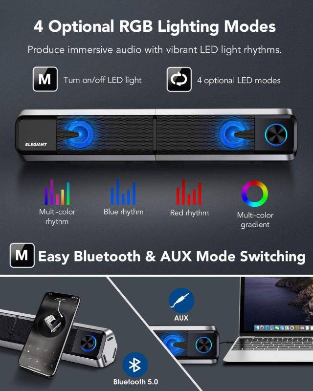 Computer Speakers, Bluetooth 5.0 PC Speakers with Stereo Sound Colorful LED Light Detachable 2 in1 Gaming Speakers Mini Soundbar 3.5mm for PC Cellphone Tablets Desktop Laptop