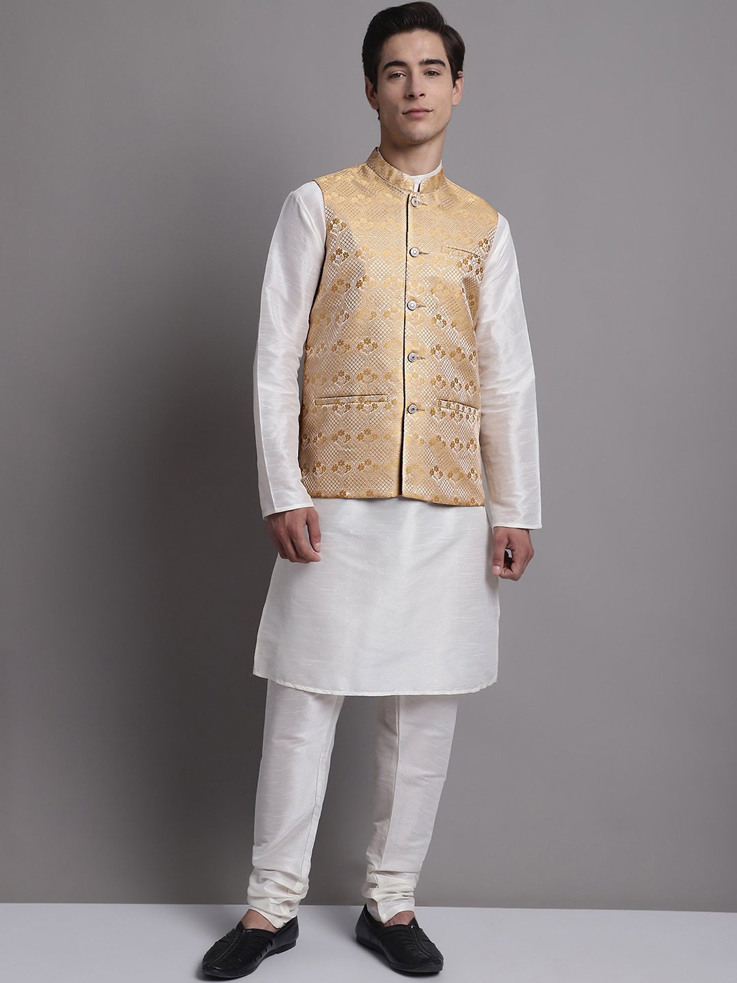 Jompers Gold Regular Fit Self Design Nehru Jacket